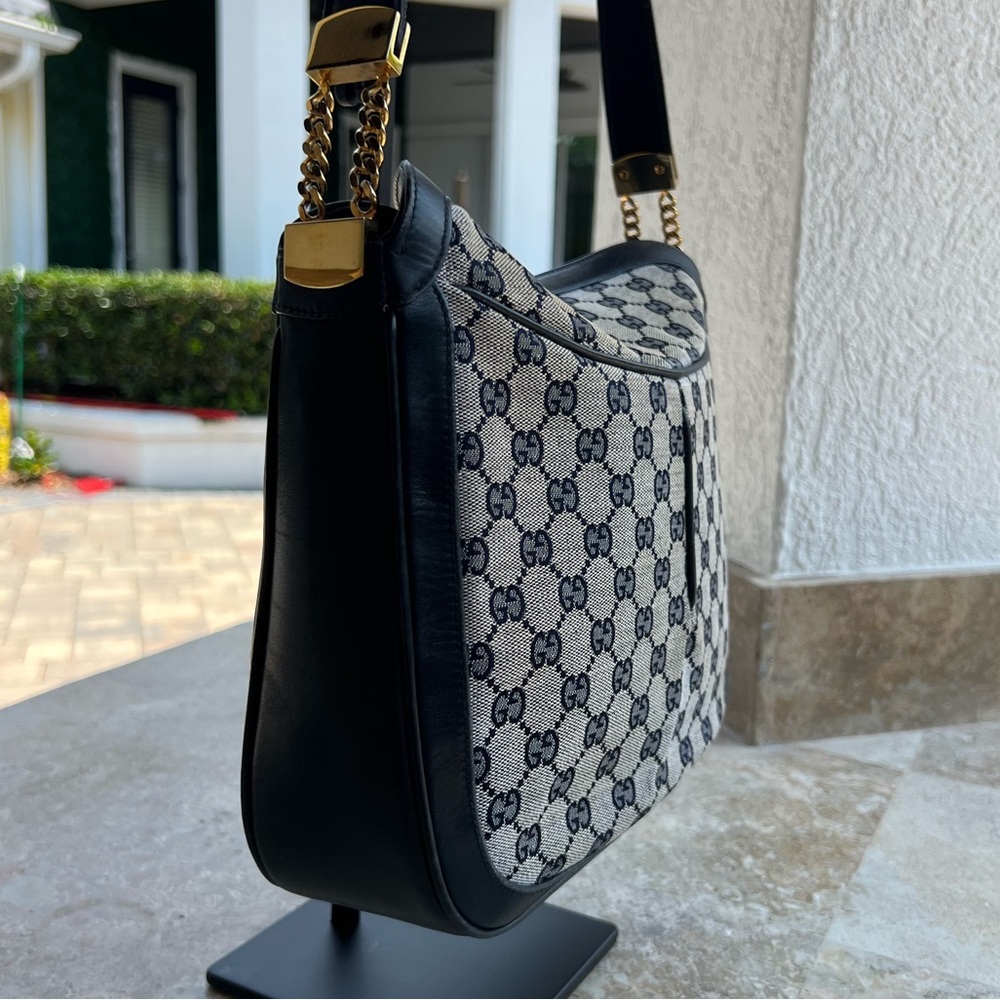 Gucci Black & Beige GG Canvas Shoulder Bag with Gold Hardware - Picture 6 of 16